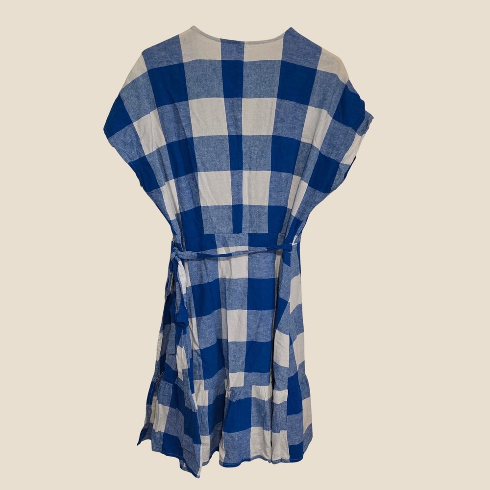 Old Navy Womens Wrap Dress Size Large Blue Gingham Linen Blend Ruffle Cottage - Picture 3 of 9